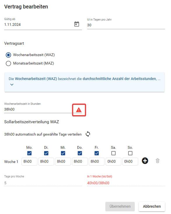 Vertrag bearbeiten: Warnmeldung